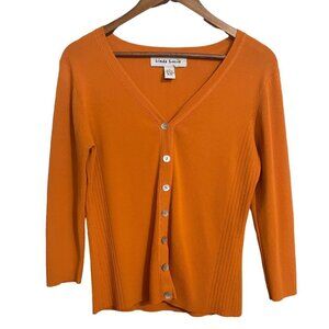 Linda Lucia Womens Orange Button Up 3/4 Sleeve Perforated Cardigan Sweater Small